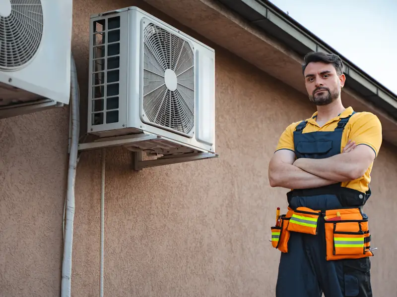 Dépanneur climatisation devant un groupe extérieur à contrôler