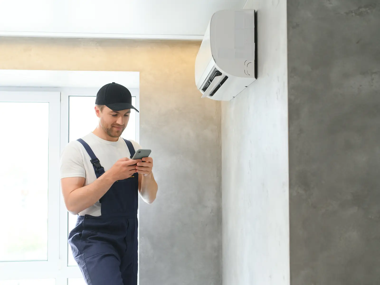 Installateur vérifiant une unité murale fraîchement posée avant la mise en route